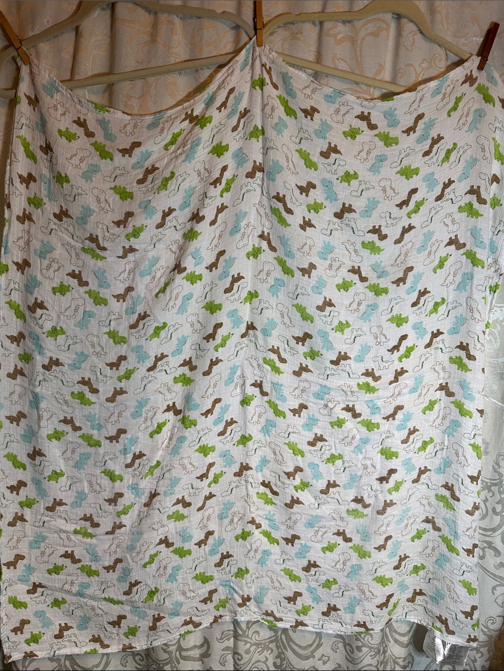 White Kids Baby Blanket Swaddle with Green, Blue and Brown Dinosaur Pattern